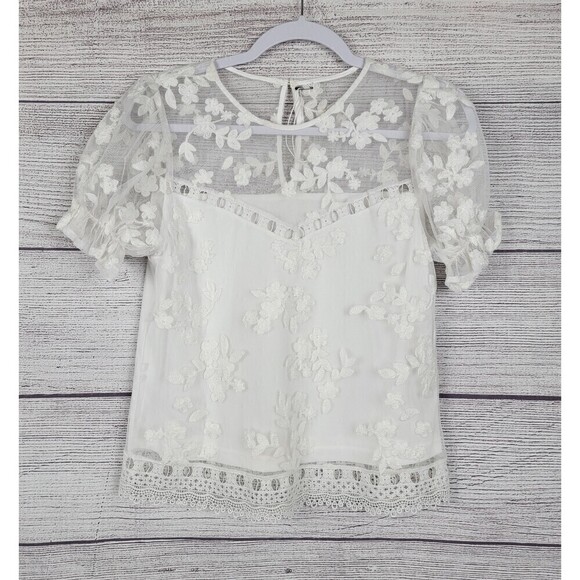 Laundry by Shelli Segal Floral Embroidered Lace Overlay Ruched Sleeve Blouse XS - Picture 1 of 6